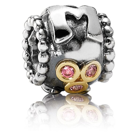 Pandora Retired Sterling Silver 14K MOM Charm Salmon Zirconia - Picture 1 of 5